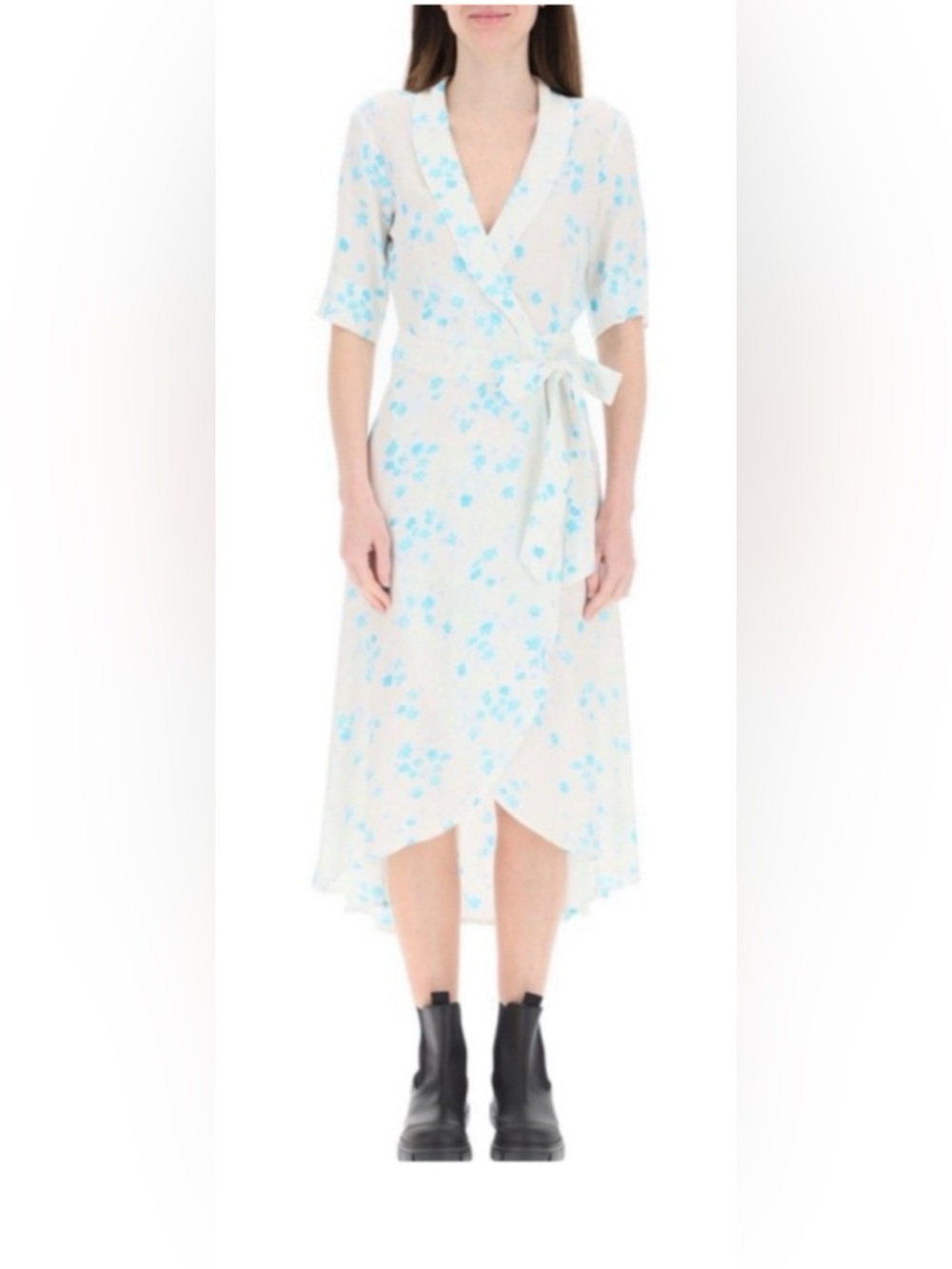 Ganni Egret Wrap Midi Dress with Light Blue Floral Print Sz US 4